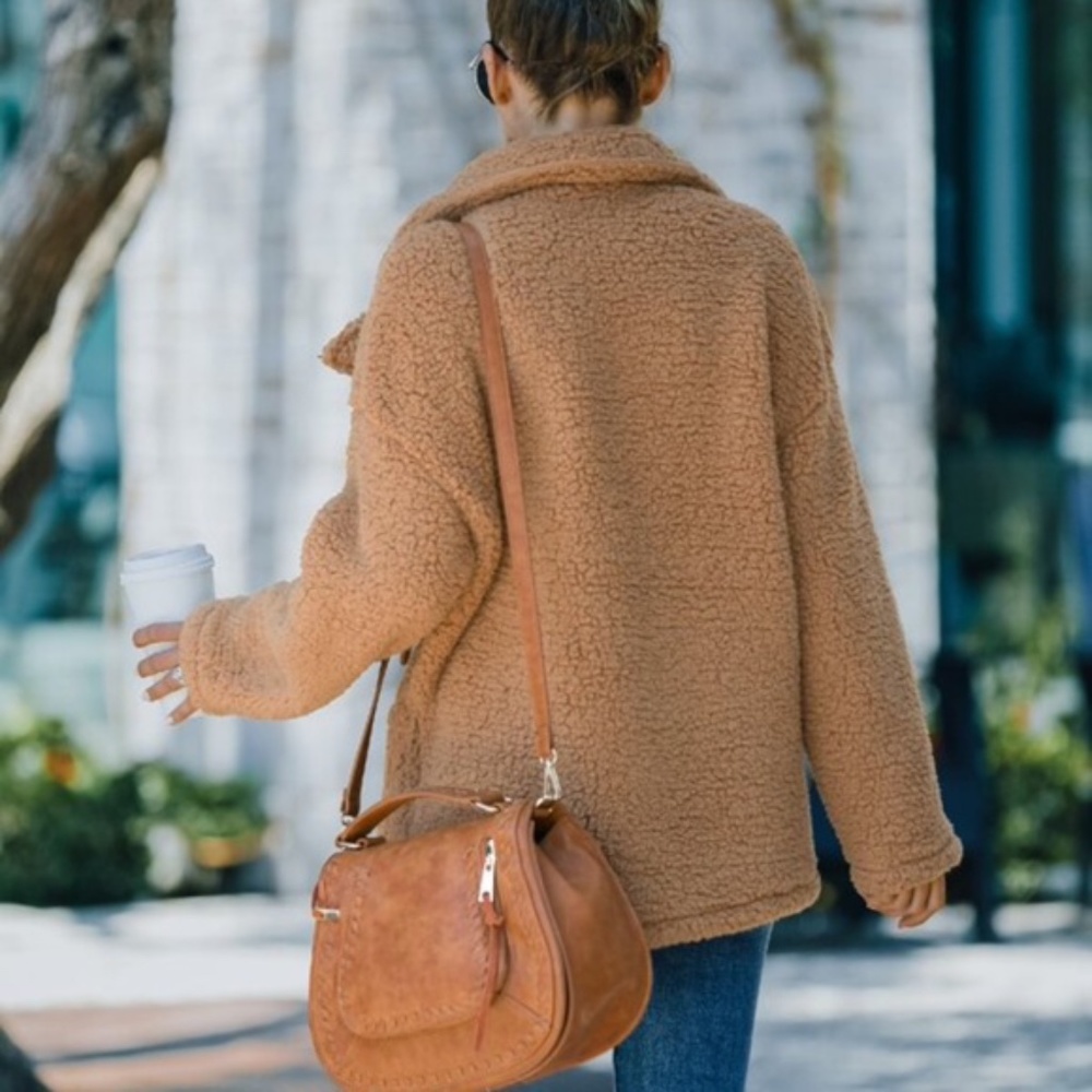 Cozy Khaki Tan Wide Collar Teddy Jacket Coat Oversized - Picture 3 of 16